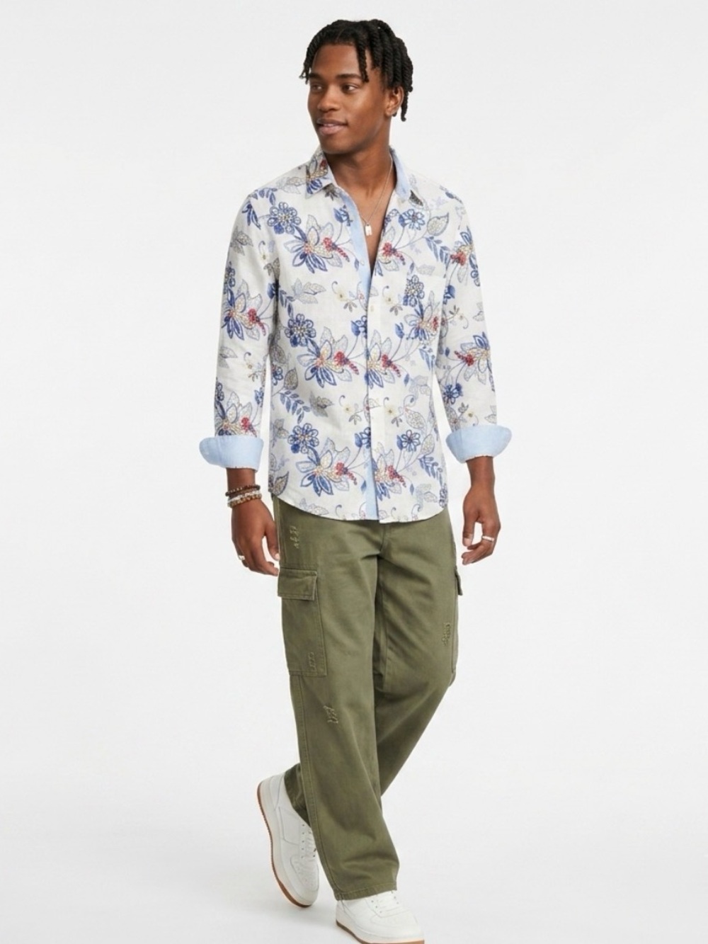 Allen Flusser Linen Cotton Floral Button Down Collared Shirt Long Sleeve Mens L